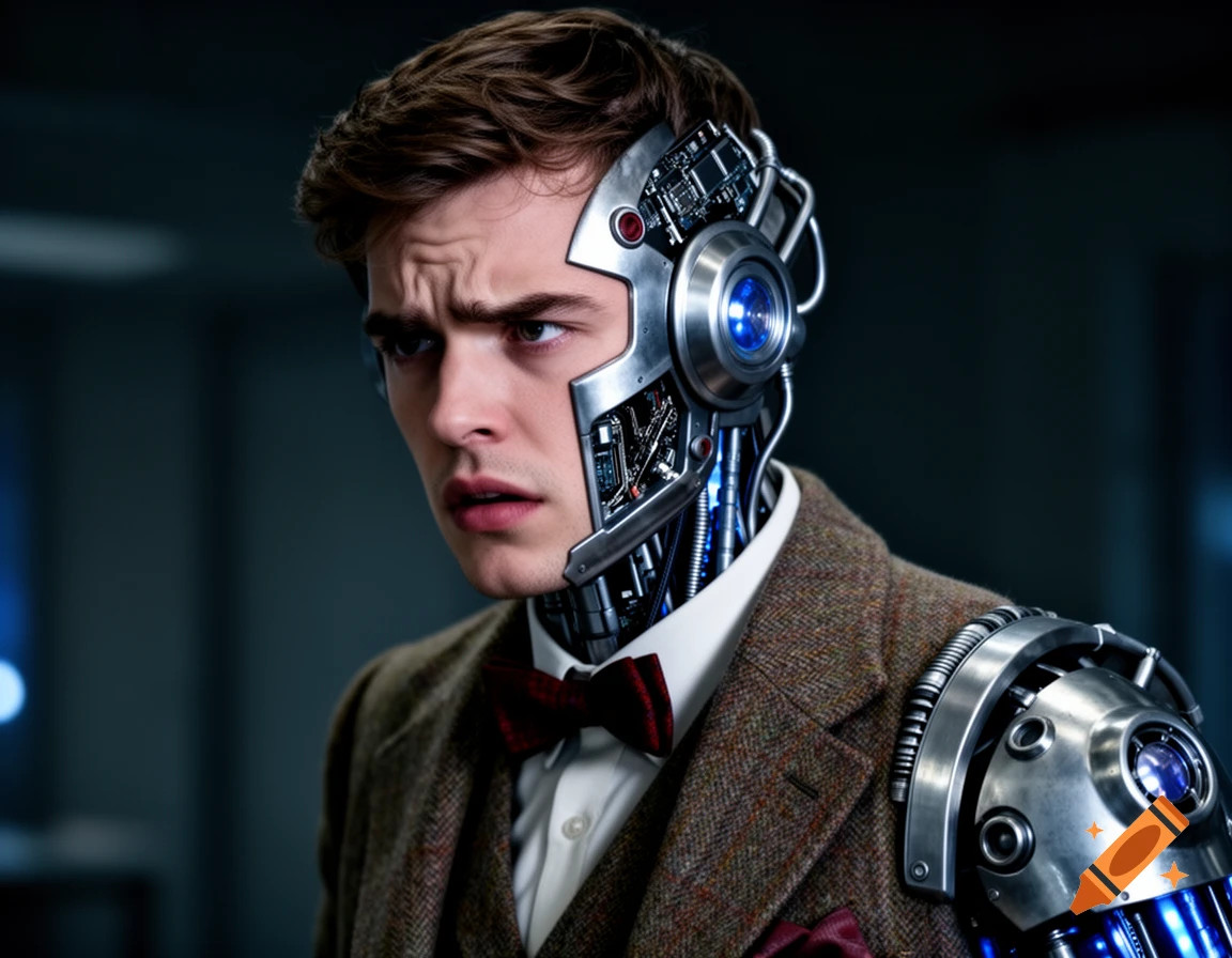 A man, half human and half intricate silver cybernetic parts with blue lights, wears a tweed jacket and bow tie, looking concerned.