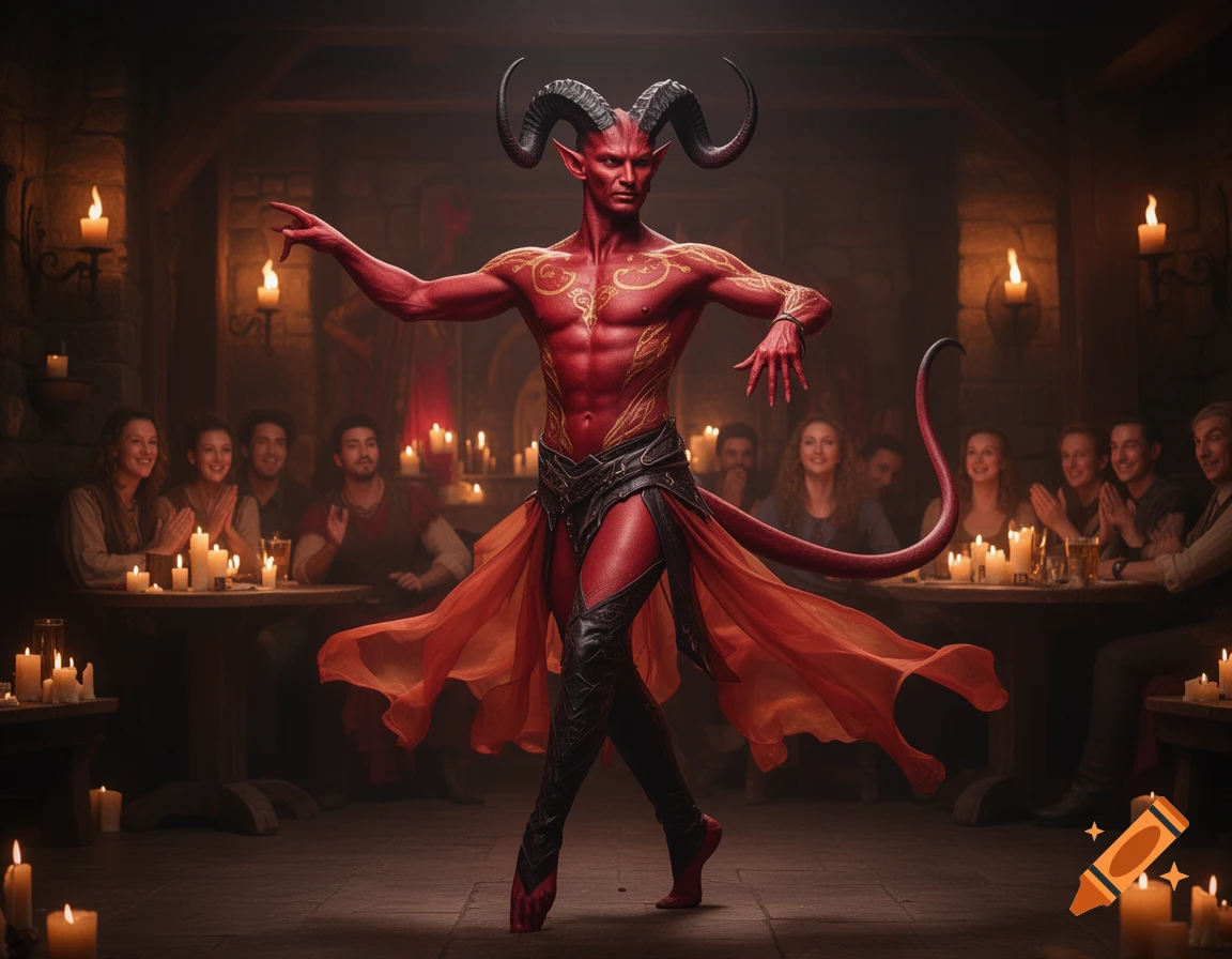A red-skinned male tiefling dancer with horns and a tail performs in a candlelit tavern, wearing a revealing outfit, as people watch.