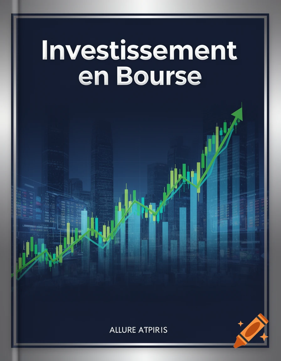 Ebook cover titled 'Investissement en Bourse' with a green stock market chart over a city skyline on a dark blue background.