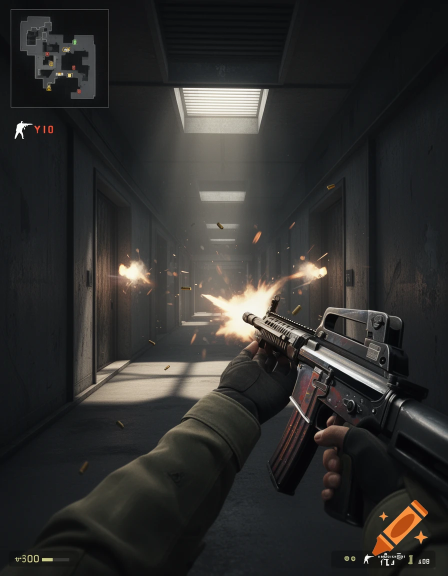 A first-person view of a player firing an assault rifle in a dark video game corridor, with muzzle flash and ejecting shells.