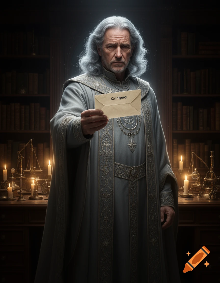 A serious-looking old man with long white hair, dressed in an ornate grey robe, holds an envelope labeled 'Kündigung' in a candlelit library.