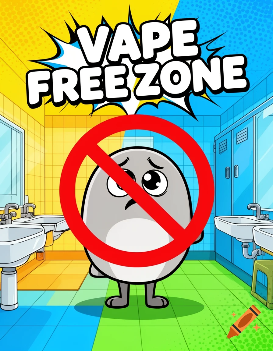 A vibrant cartoon poster in a school bathroom, featuring a sad, egg-shaped character under a red forbidden sign, with text reading "VAPE FREE ZONE".