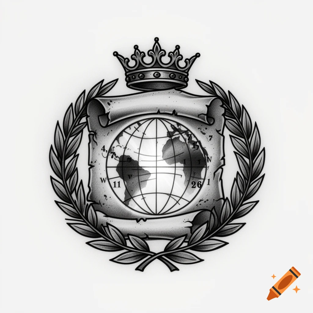 Black and white tattoo emblem with a crown, globe on a scroll, and laurel wreath, featuring numbers 4, 7, 11, and 26.
