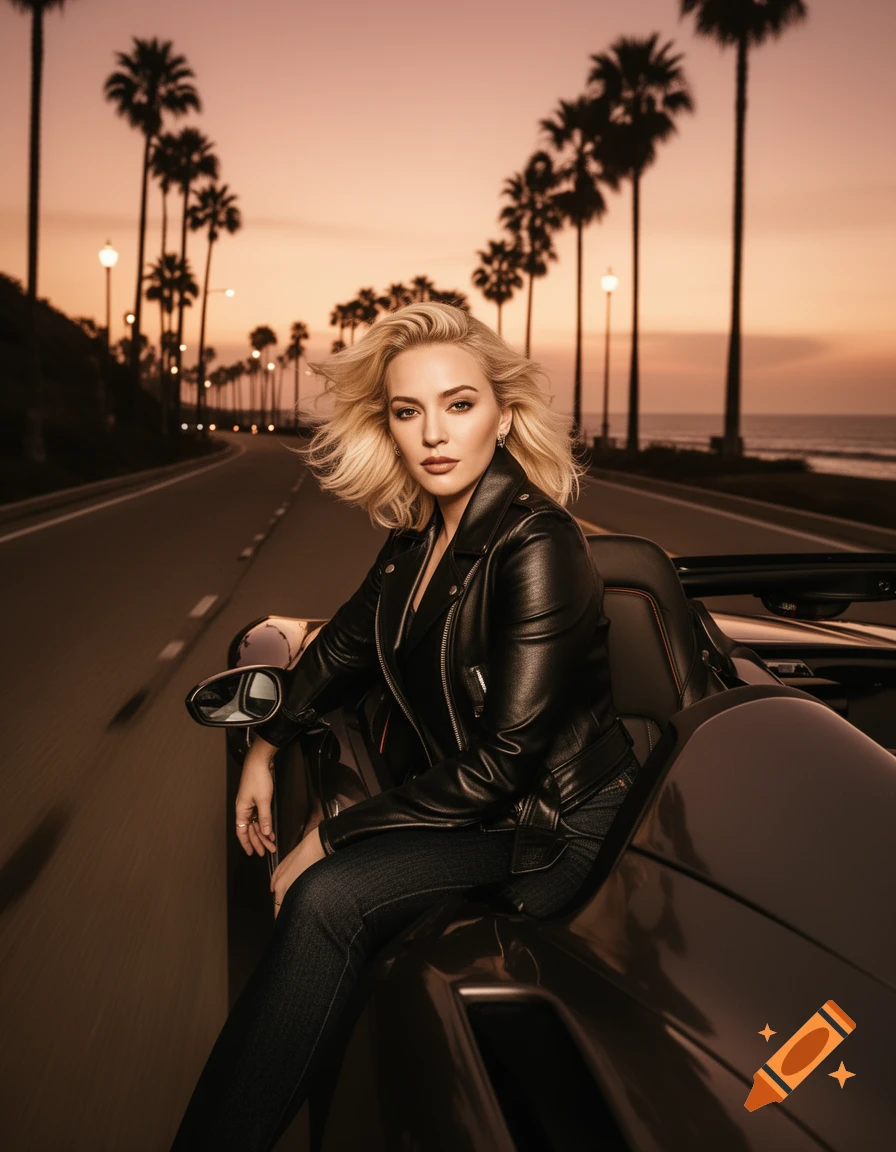Blonde woman in leather jacket and jeans sitting on a black convertible on a coastal road lined with palm trees at sunset. Photorealistic.