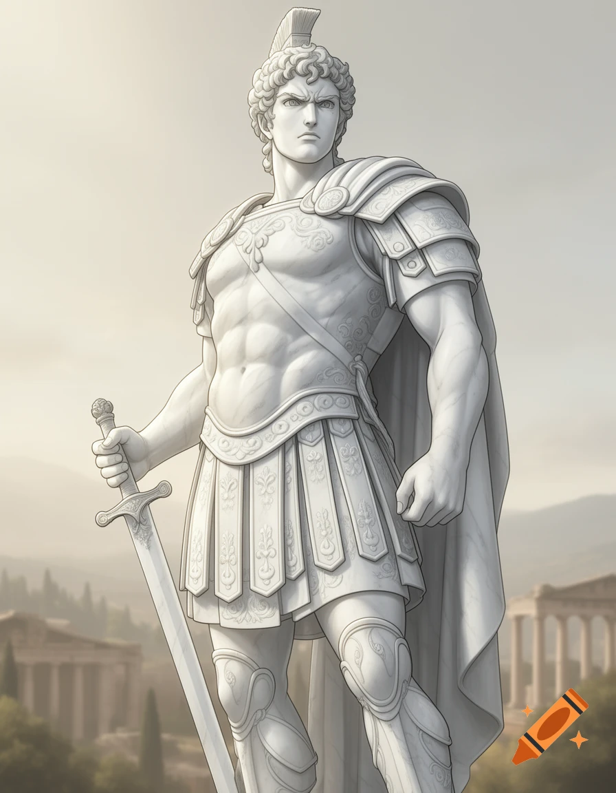 A white marble statue of a Roman centurion in armor holding a sword, with classical ruins in the background.