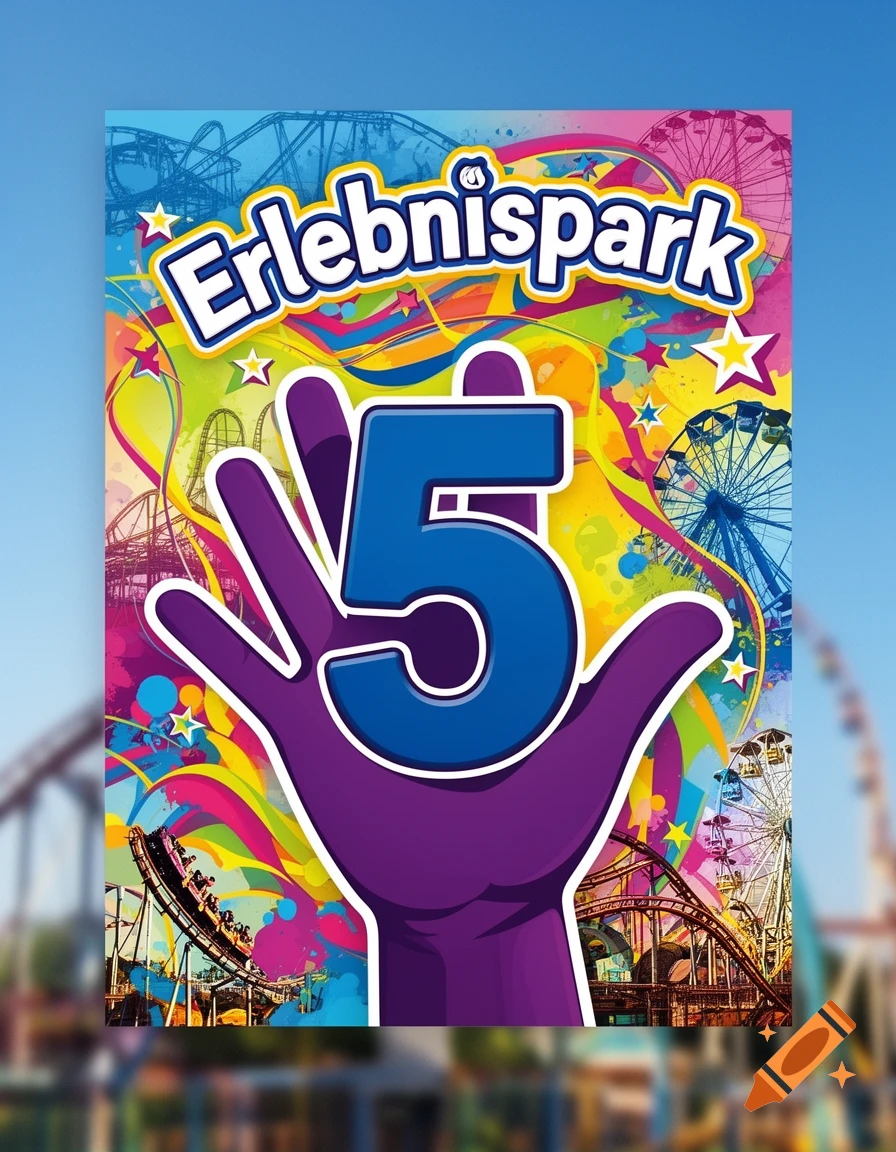 A colorful flyer for an amusement park featuring a large blue number 5 held by a purple hand. The word 'Erlebnispark' is at the top, with roller coasters and Ferris wheels in the background.