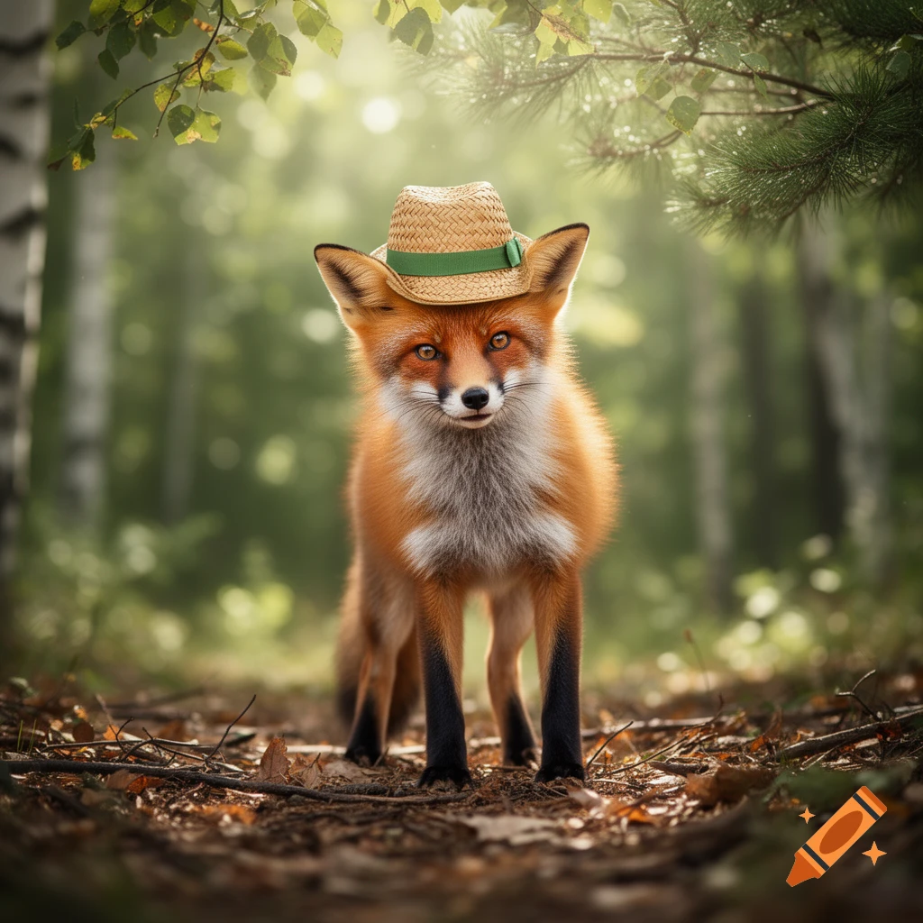 A photorealistic red fox wearing a straw hat with a green band stands on a forest path, looking directly at the viewer.