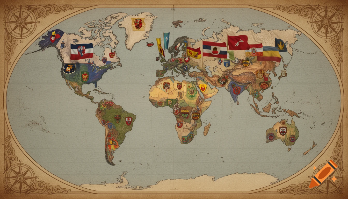 An antique-style world map with a Mercator projection, depicting various historical and fictional territories covered by colorful flags and coats of arms, framed by decorative compass roses.
