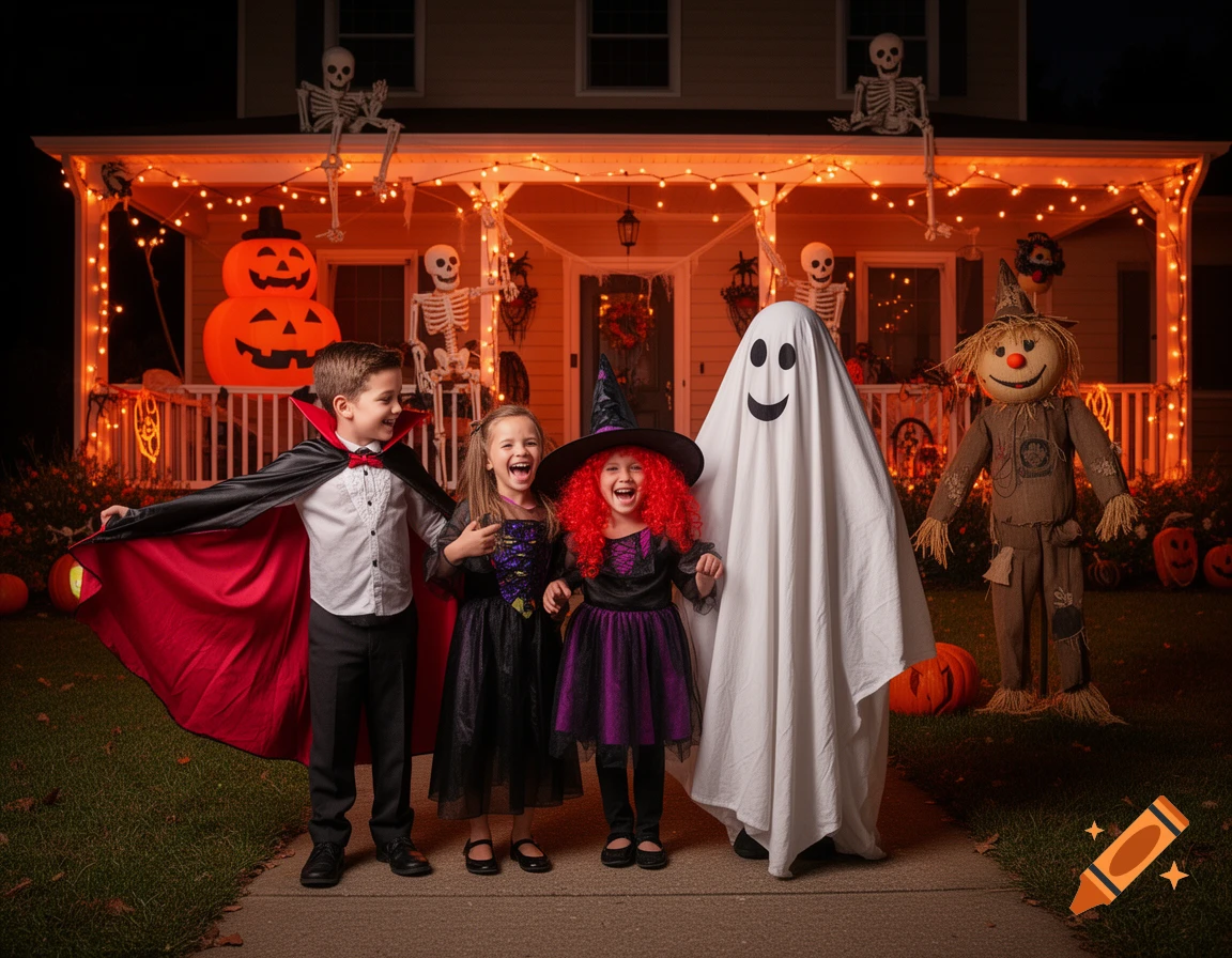 Four happy children in Halloween costumes, dressed as a vampire, witch, and ghost, pose outside a festive, decorated house.