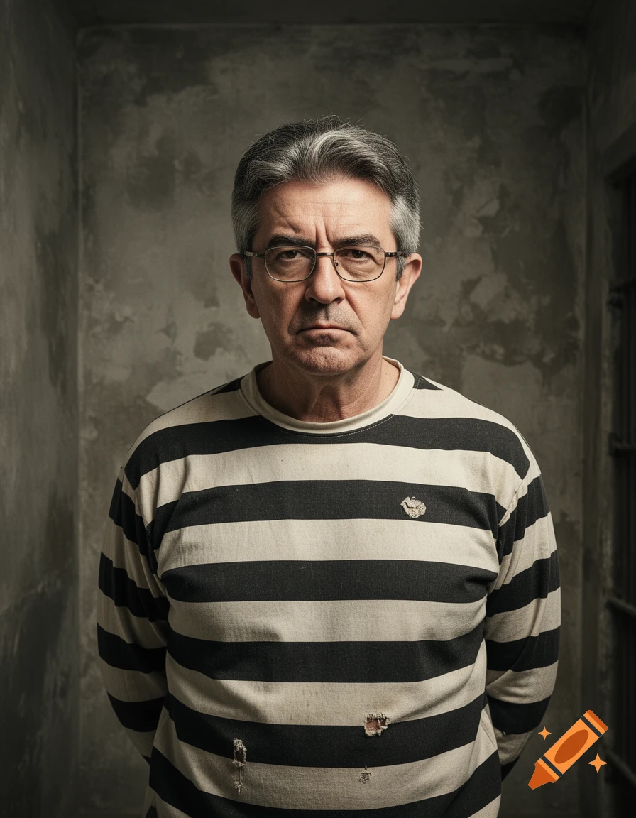 A serious-looking middle-aged man with gray hair and glasses, wearing a tattered black and white striped prisoner's uniform, stands in a drab cell.
