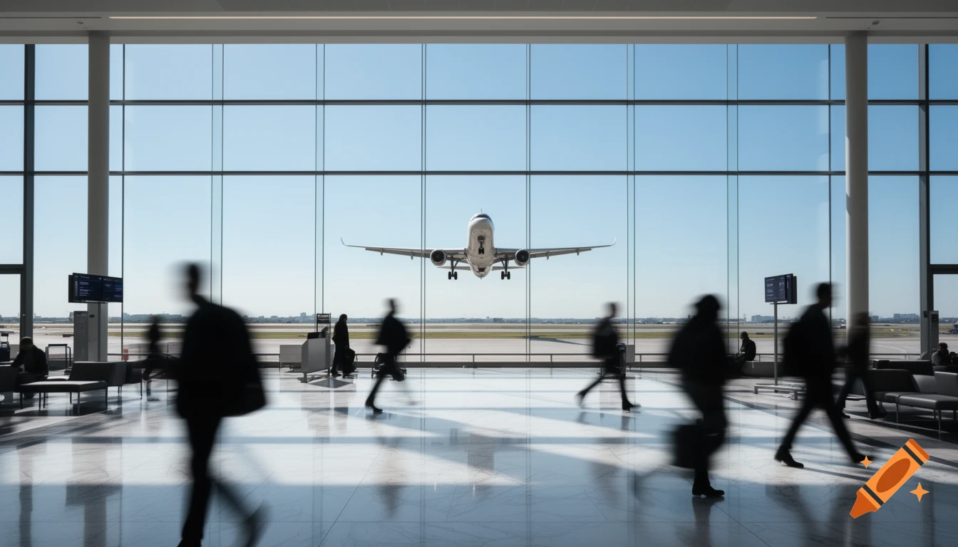 A photorealistic image of a modern airport terminal with blurred people walking, looking out at an airplane taking off on the runway.