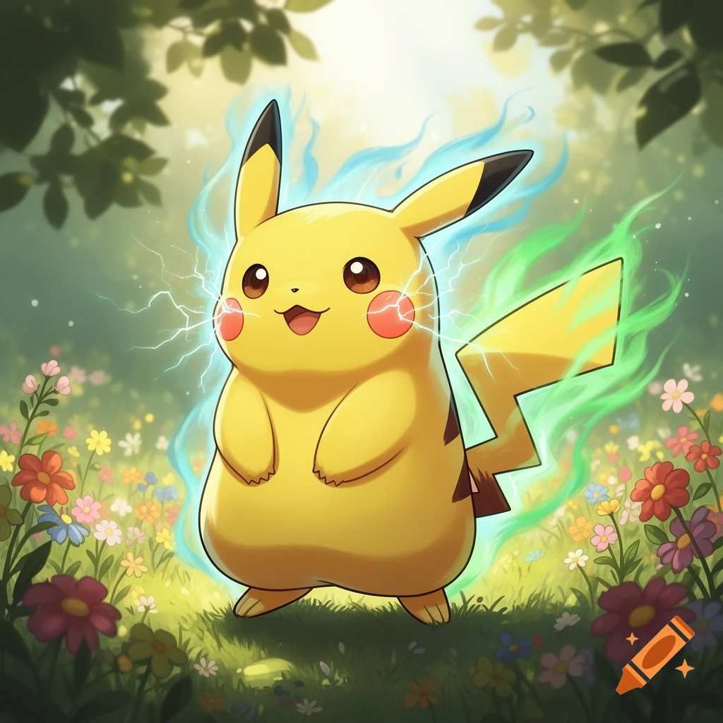 A plump Pikachu stands amidst colorful flowers in a lush forest, emitting blue lightning and green aura in an anime style.