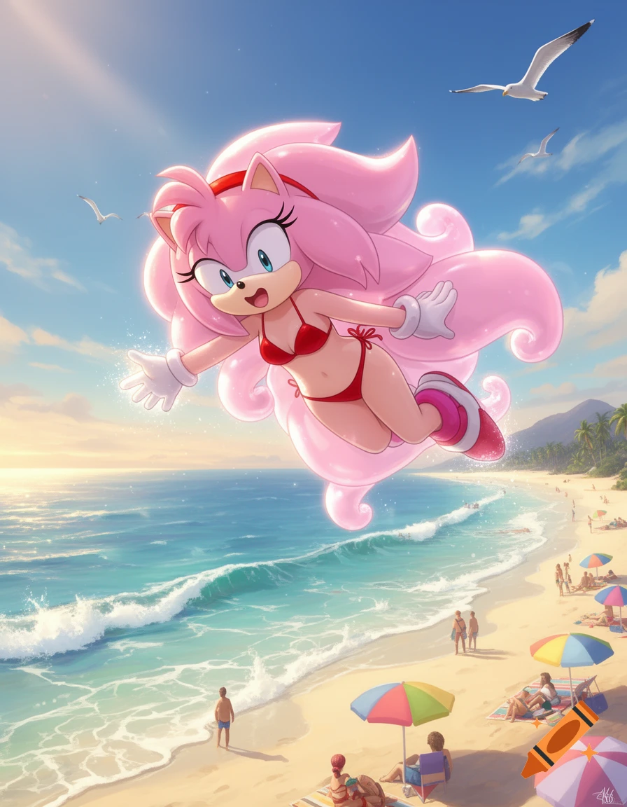 Anime style Amy Rose in a red bikini floats above a sunny beach with people, umbrellas, and ocean waves.
