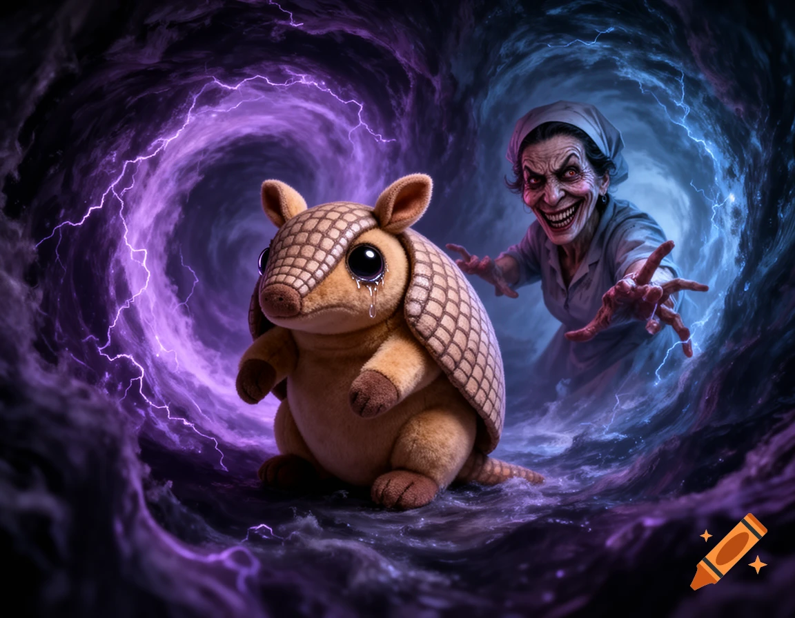 A sad, crying armadillo plushie stands in a swirling purple and blue vortex with lightning, while a scary, evil-grinning old woman reaches for it from behind.