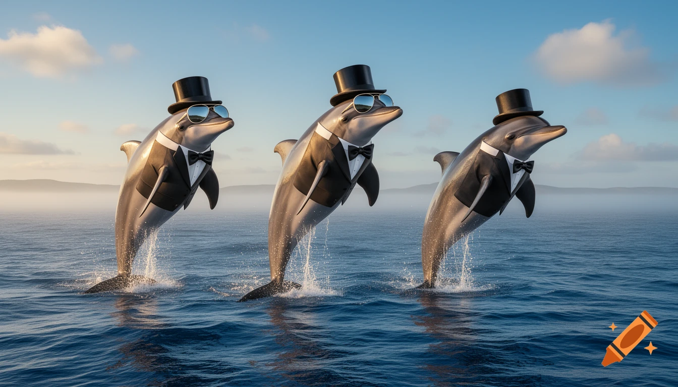 Three dolphins wearing tuxedos, top hats, and sunglasses jump gracefully out of the ocean under a clear sky.