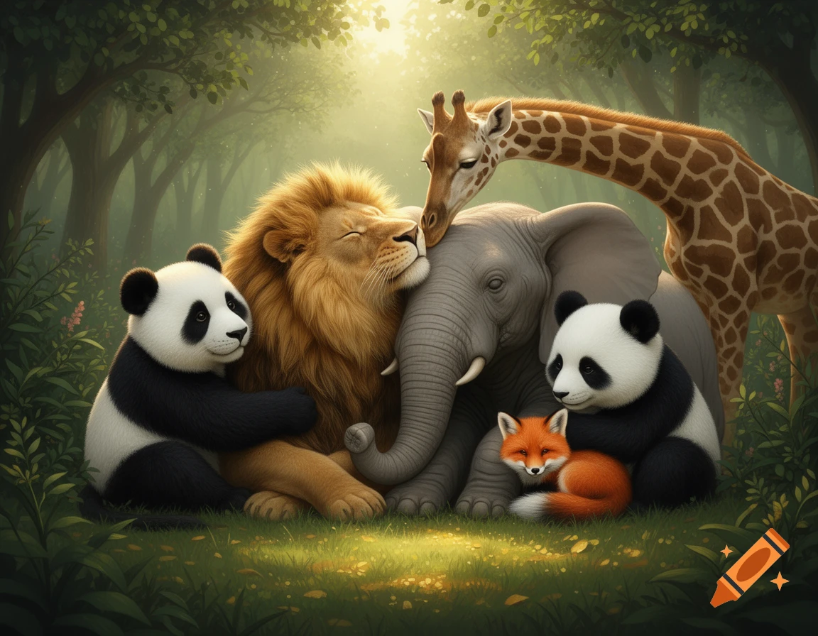 A photorealistic image of a lion, elephant, giraffe, two pandas, and a fox cuddling in a sunlit forest.