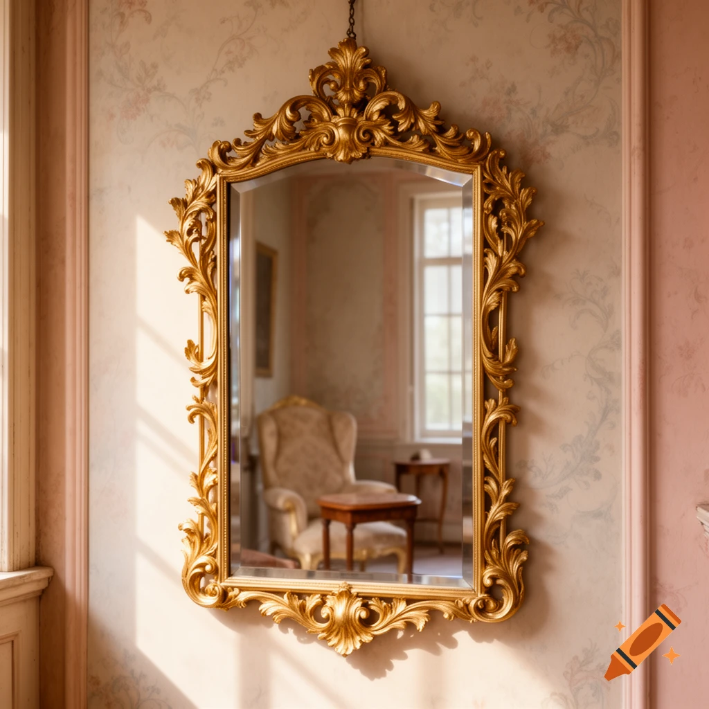 An ornate gold mirror hangs on a patterned wall, reflecting a room with an upholstered armchair and window.