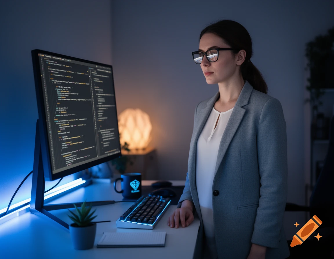 A woman with glasses in a blazer stands next to a computer monitor displaying code, illuminated by blue and warm lights in a dimly lit office.