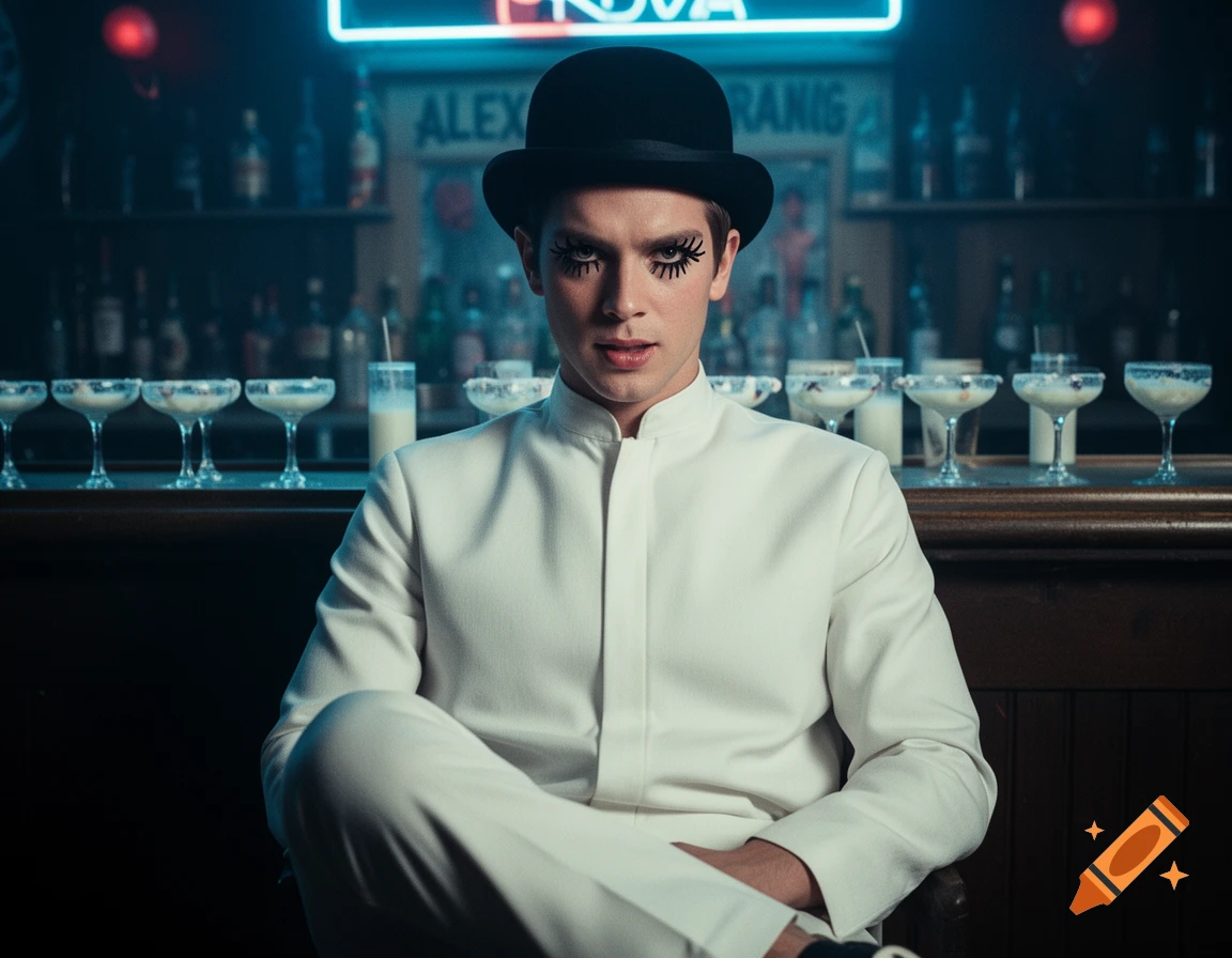 A man resembling Alex DeLarge from A Clockwork Orange, wearing a white suit and bowler hat with exaggerated eye makeup, sits at a bar.