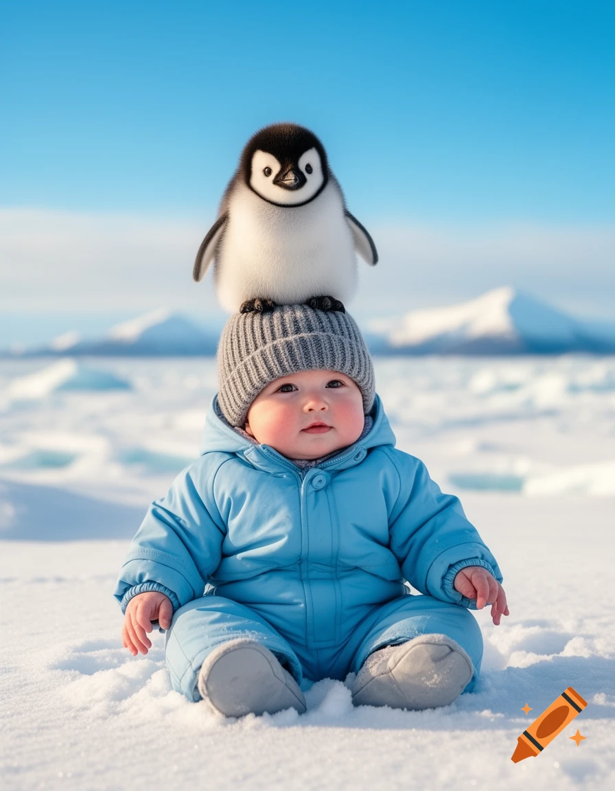 A cute baby in a blue snowsuit and grey hat sits in the snow with a small penguin perched on its head, against a bright arctic landscape.