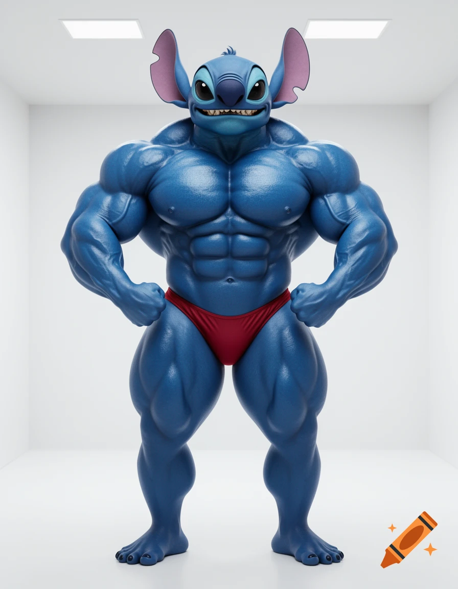 Hyper-realistic, muscular Stitch from Lilo & Stitch poses in a red thong in a white room.