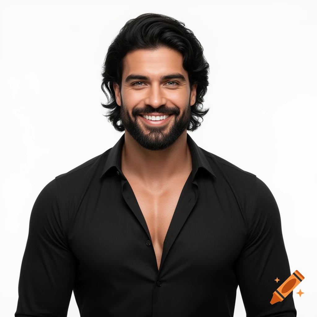 Photorealistic portrait of a smiling handsome man with dark wavy hair, beard, and an open black shirt against a white background.