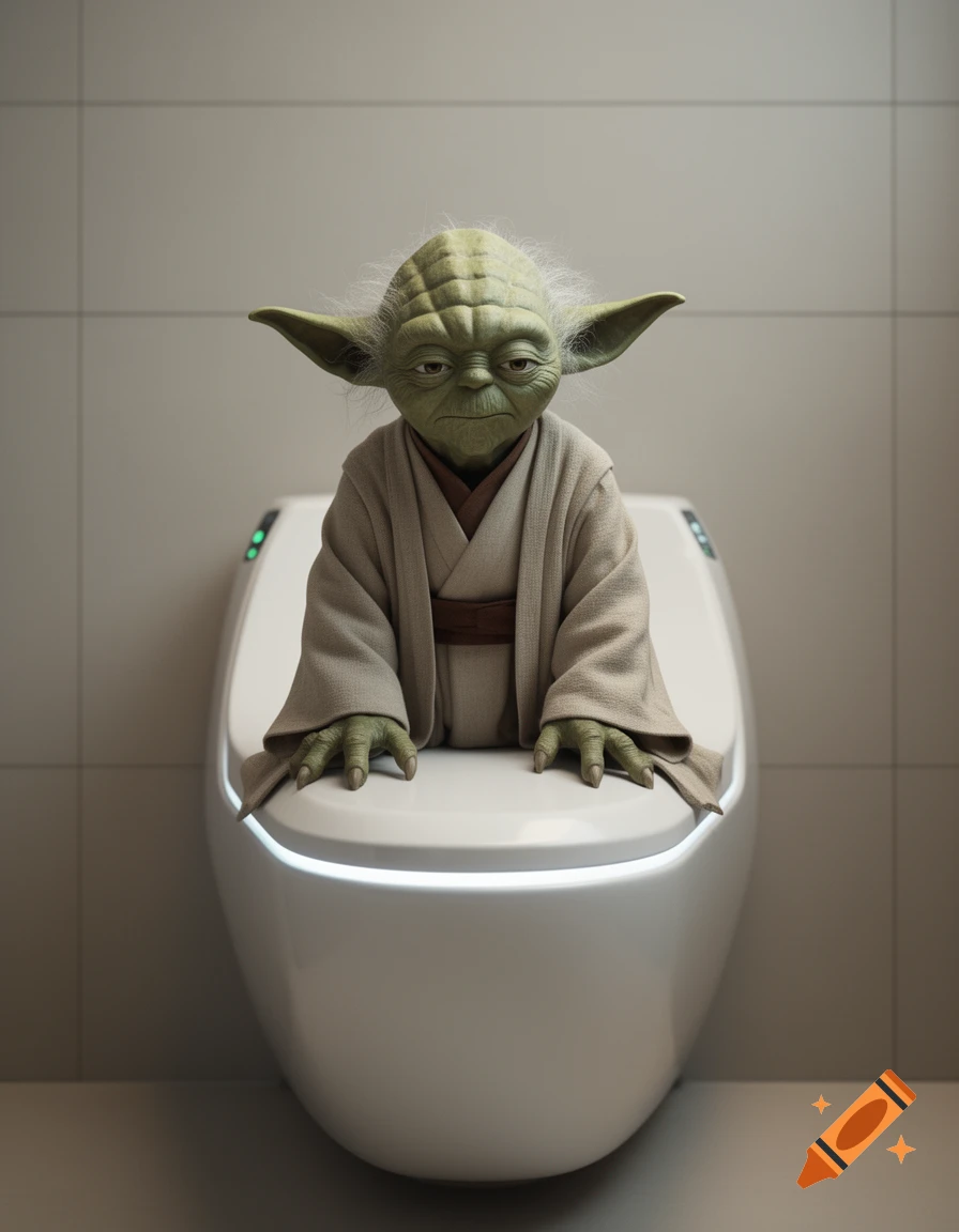 Photorealistic image of Yoda in a brown robe, sitting upright on a modern white smart toilet in a minimalist tiled bathroom.