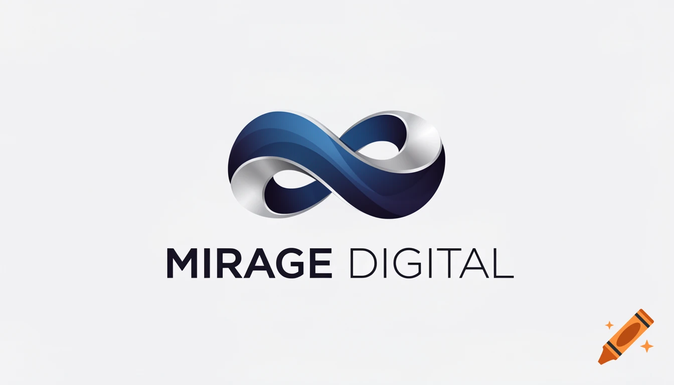 A sleek metallic blue and silver infinity symbol logo above the text MIRAGE DIGITAL.