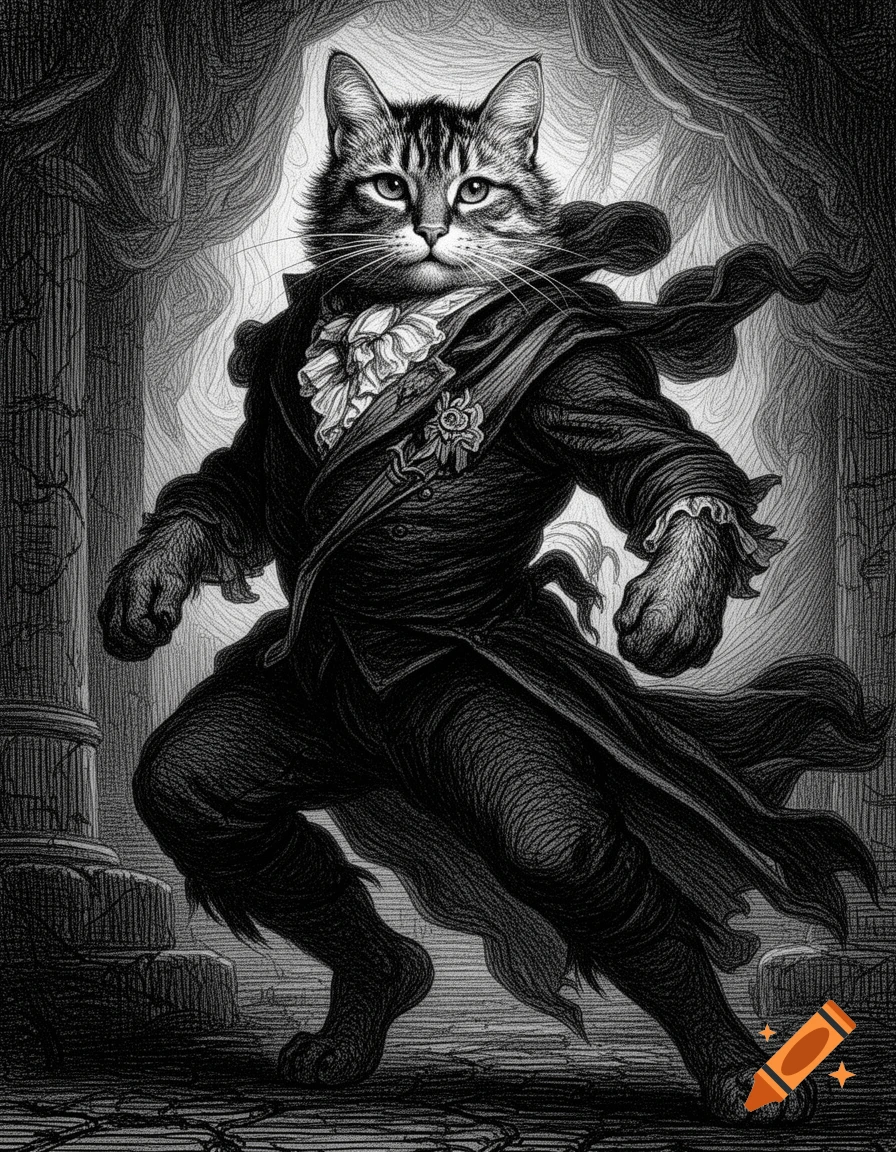 Black and white engraving of an anthropomorphic cat in a dramatic, dark period costume striding through a vaulted chamber.
