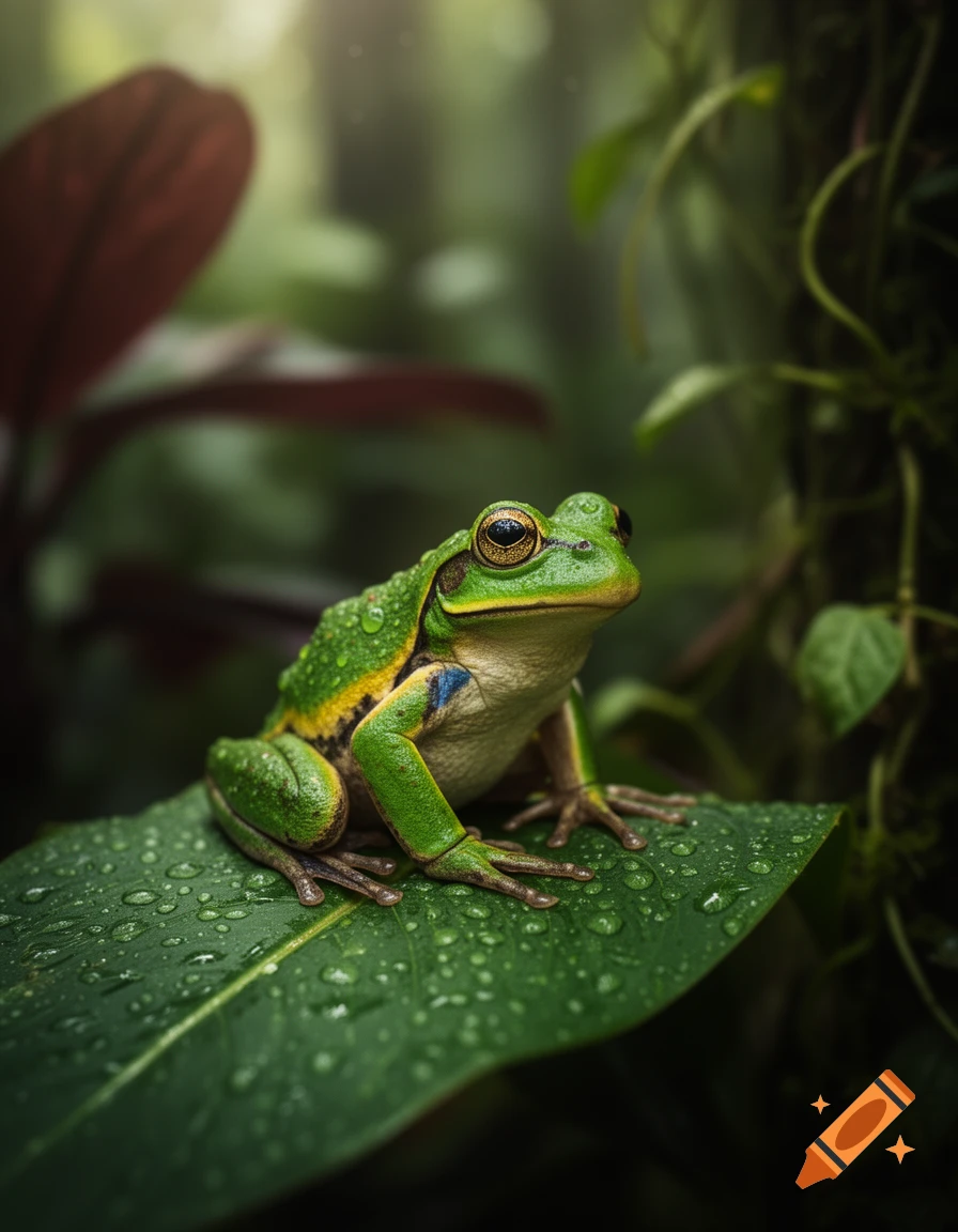 Close-up of a vibrant green frog with yellow and blue markings, covered in water droplets, sitting on a large, dewy green leaf in a lush, dark rainforest.