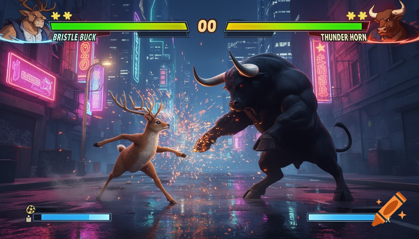 An anthropomorphic deer and bull fight in a neon-lit city street at night, styled as a 2D fighting game with UI elements.