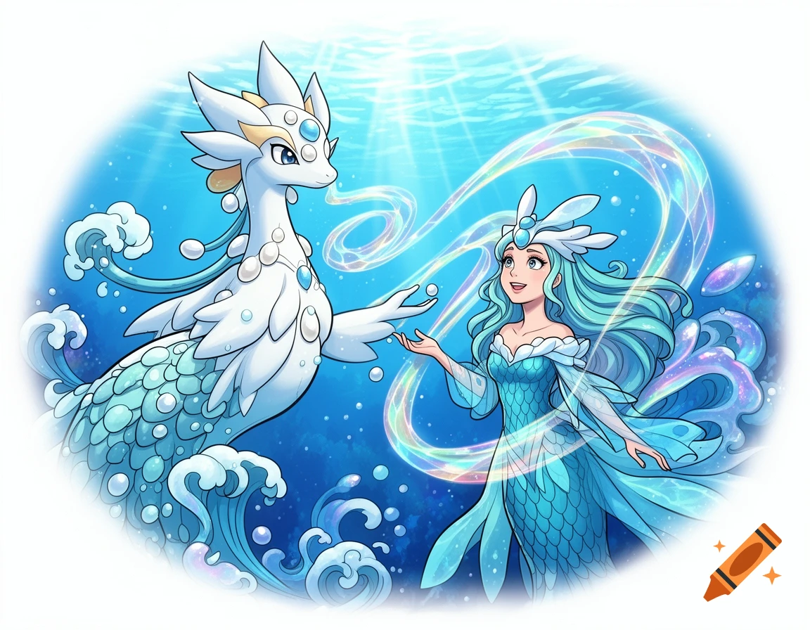 A white and blue mythical sea creature and a blue-haired woman in a matching dress gracefully interact underwater with glowing light streams in an anime style.