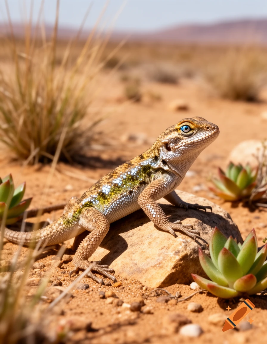 A brown and green lizard with striking blue eyes rests on a rock in a sunny desert landscape with succulents.