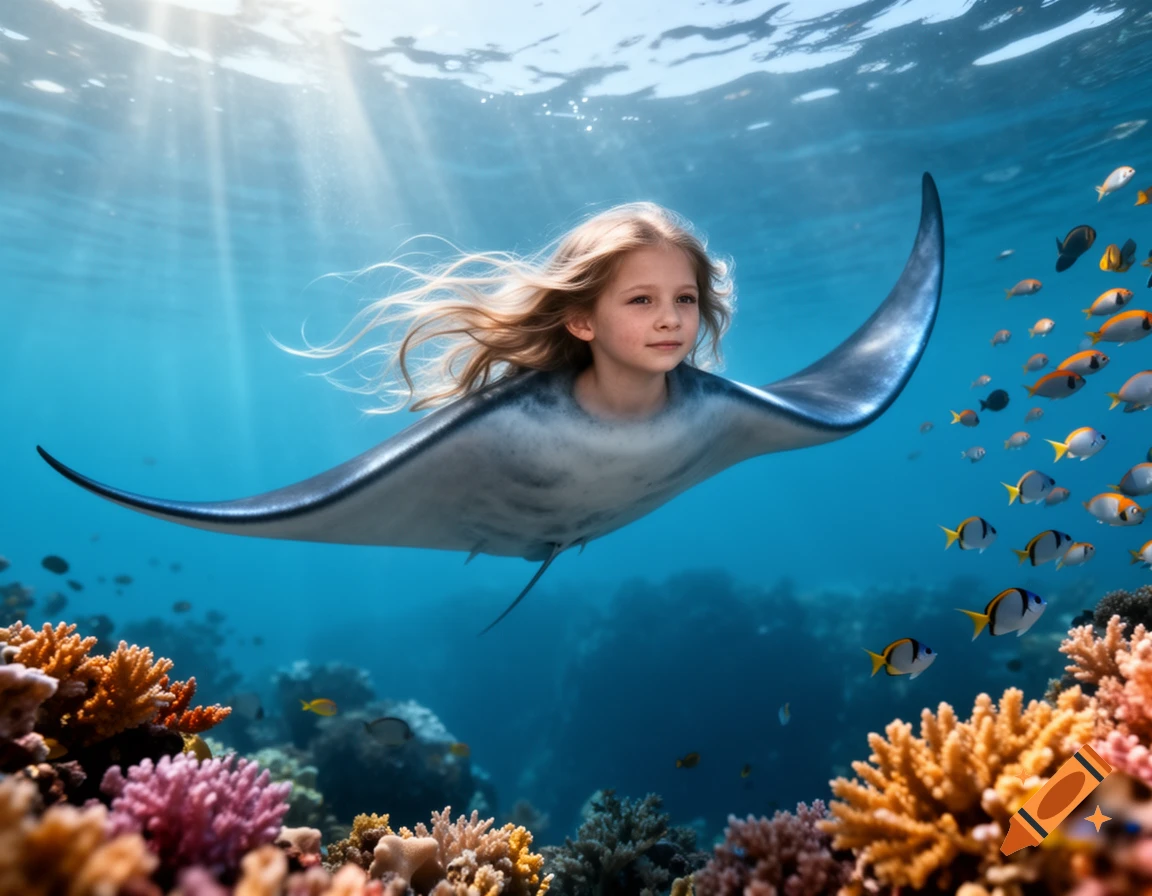 Photorealistic image of a young girl's head fused with a manta ray body, swimming in a vibrant coral reef with colorful fish.