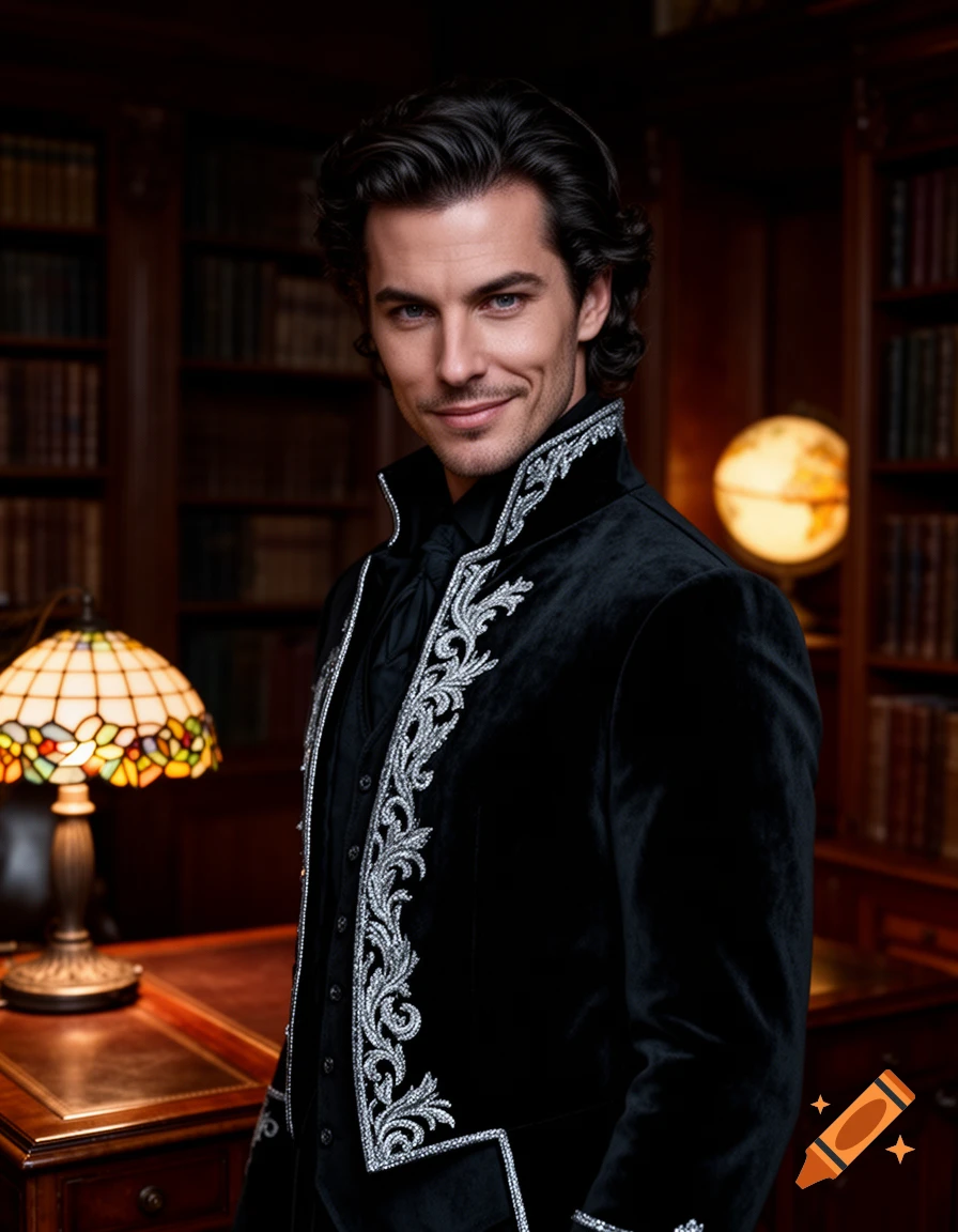 Portrait of a smiling man with dark hair in an ornate black velvet jacket, standing in a dimly lit library.