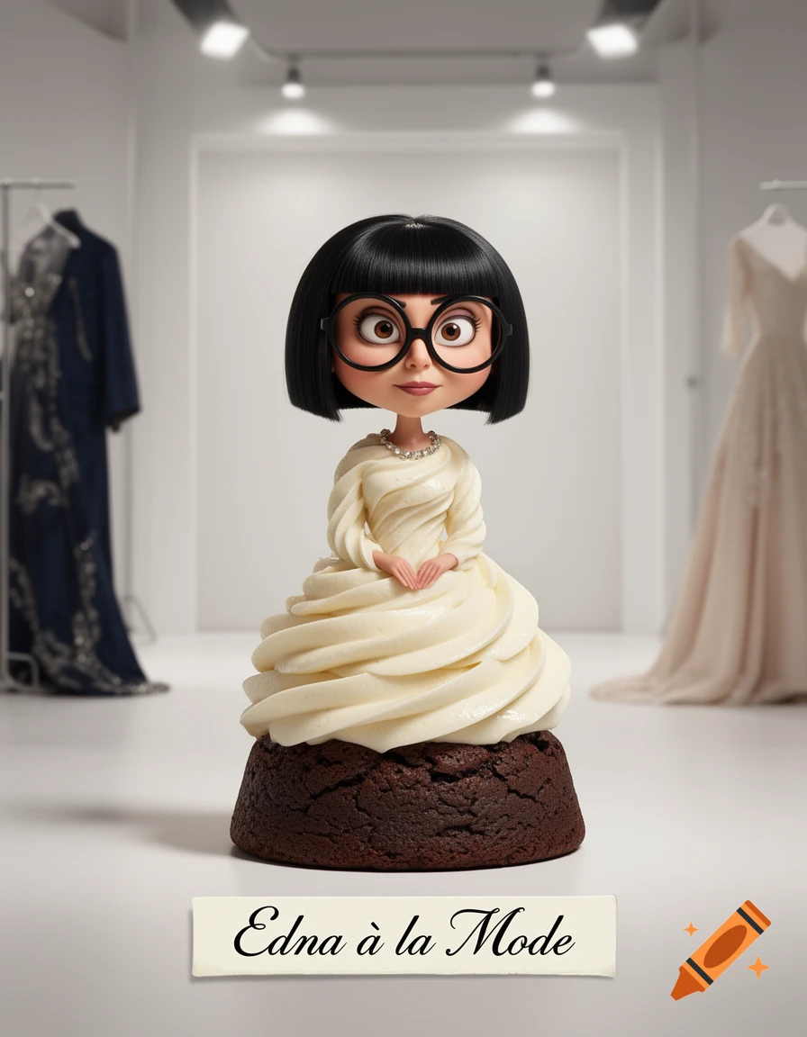 Edna Mode from The Incredibles reimagined as a cupcake in a fashion showroom, with a banner reading 'Edna à la Mode'.