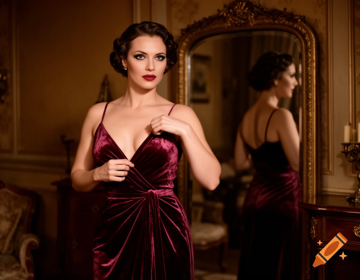 Glamorous woman in red velvet dress, vintage hair and makeup, looking at viewer in ornate room with mirror. Photorealistic.