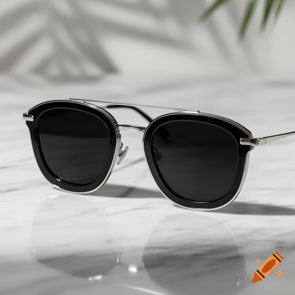 A pair of black and silver sunglasses rests on a white marble surface with soft leaf shadows in the background. Photorealistic style.