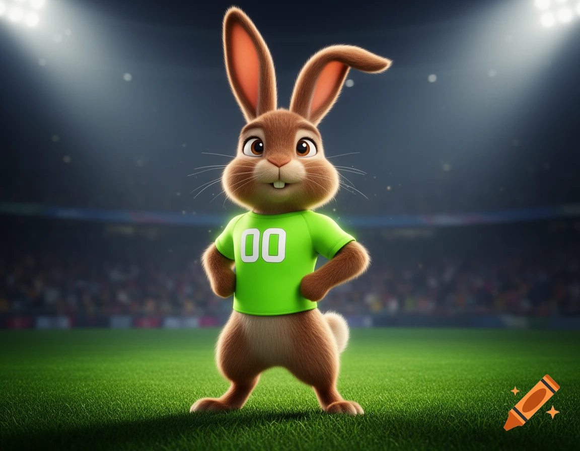 A cute 3D cartoon brown rabbit athlete wearing a neon green '00' jersey stands on a stadium grass field with dynamic lighting.