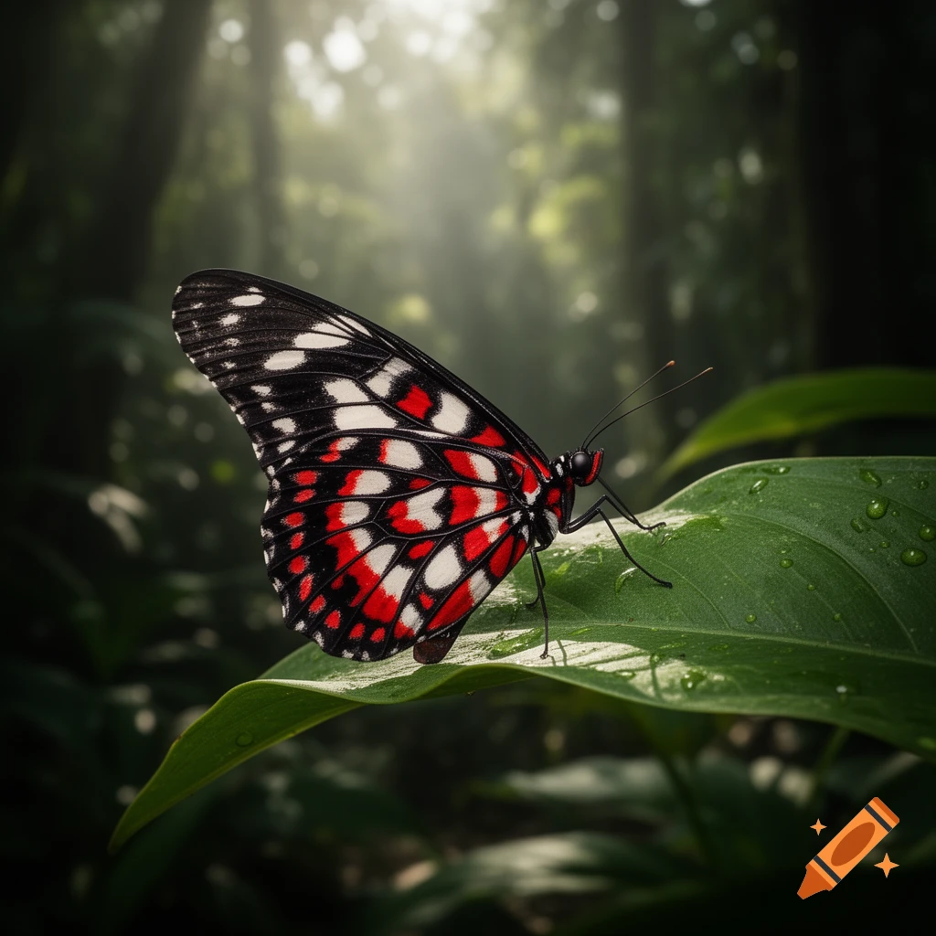 A red, black, and white butterfly with delicate patterns rests on a dewy green leaf in a sunlit forest.