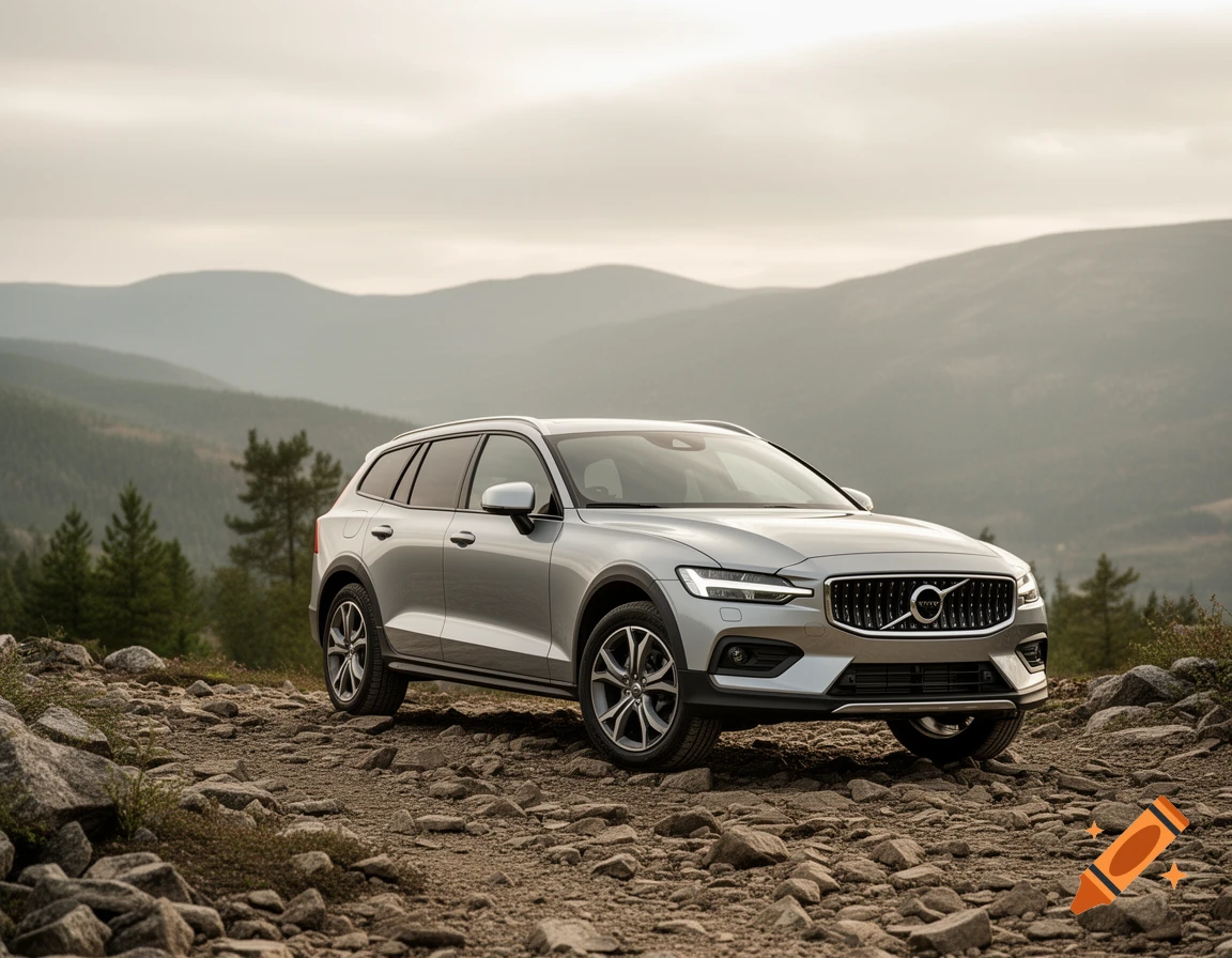 A silver Volvo V60 Cross Country SUV is parked on a rocky mountain path with forested hills under a cloudy sky.