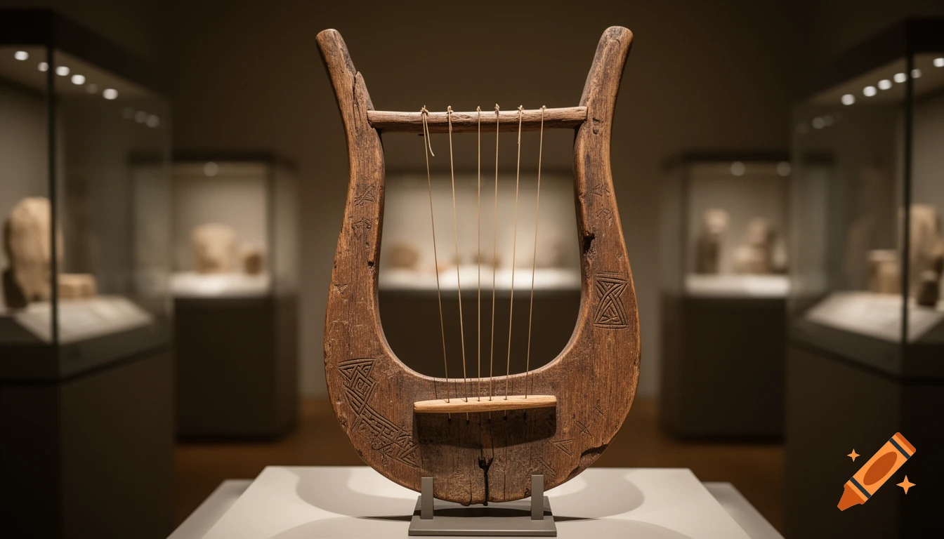 An ancient wooden Gaulish lyre with tribal engravings and gut strings, displayed on a stand in a dimly lit museum with blurred exhibits in the background.