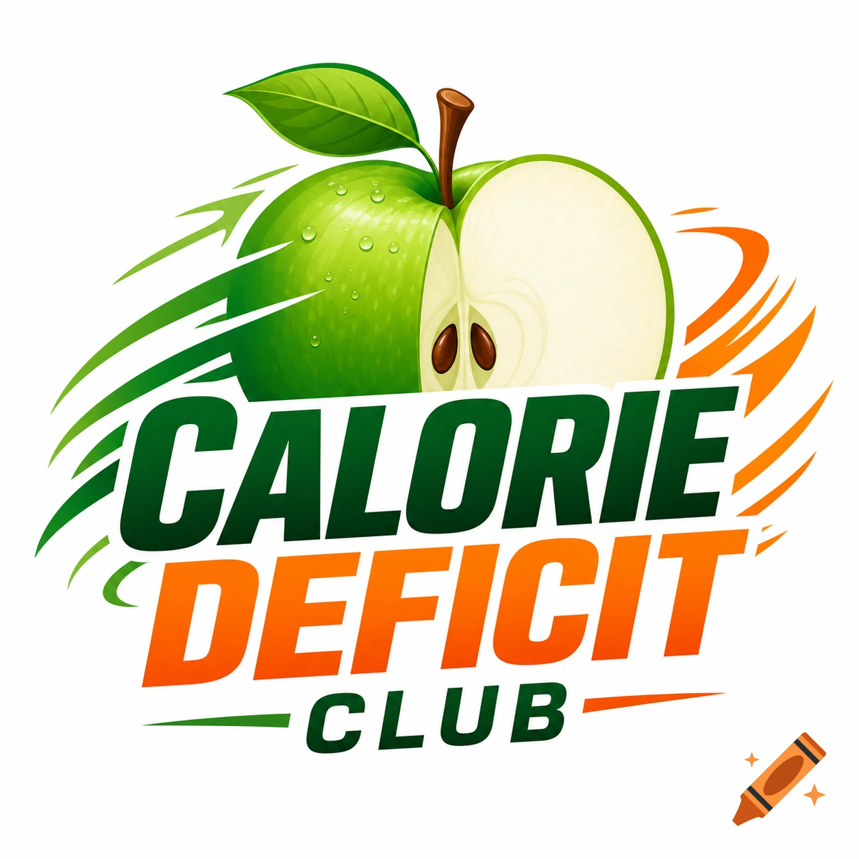 Logo for 'Calorie Deficit Club' with a green apple, one half sliced open, dynamic green and orange swooshes, and text in bold green and orange.