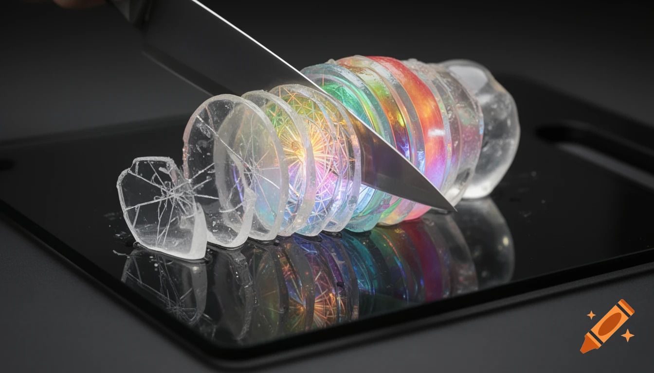 A knife slices a translucent, rainbow-colored, crystal-like cylinder, causing it to shatter into glass-like pieces on a black surface.
