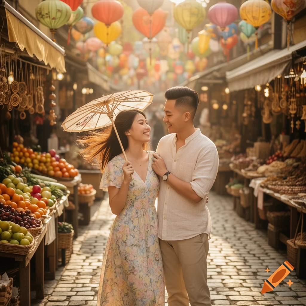 A happy Asian couple walks through a bustling, lantern-lit street market, the woman holding a parasol.