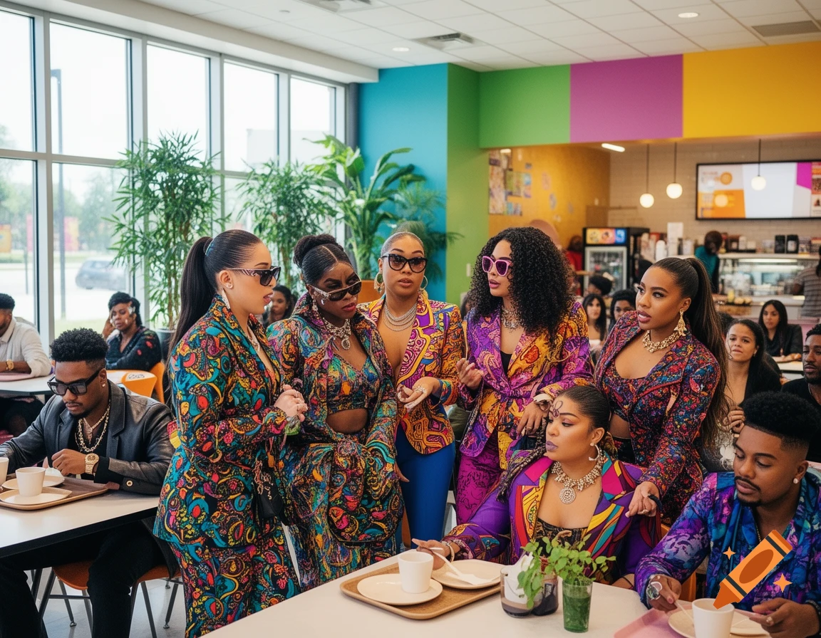 A diverse group of women in vibrant, patterned blazers and sunglasses gather at tables in a colorful cafeteria.