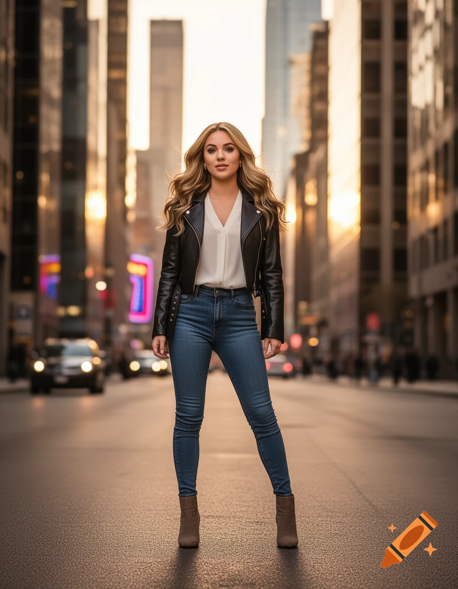 A young woman with long blonde hair in a black leather jacket and jeans poses on a city street at sunset, with buildings behind her.