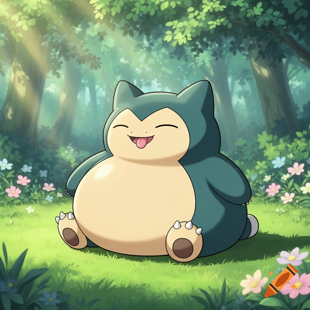 A happy, cartoon Snorlax with its tongue out sits in a lush green forest with sunlight and colorful flowers.