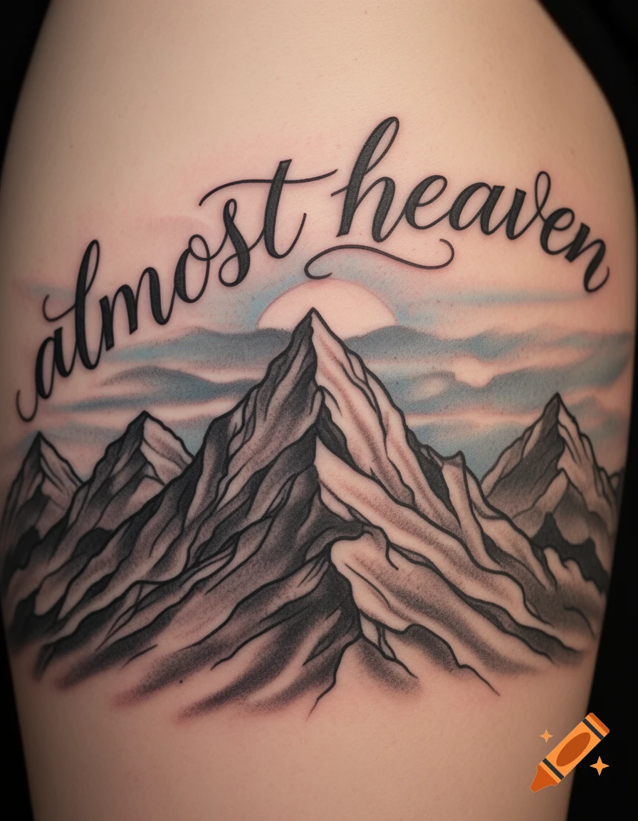 A tattoo of stylized mountains with a sunset and the text 'almost heaven' in script font on a person's skin.