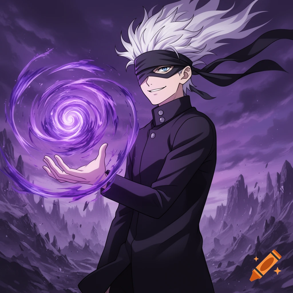 Anime illustration of Gojo Satoru with white hair and blindfold, holding a swirling purple energy orb against a dark, rocky background.